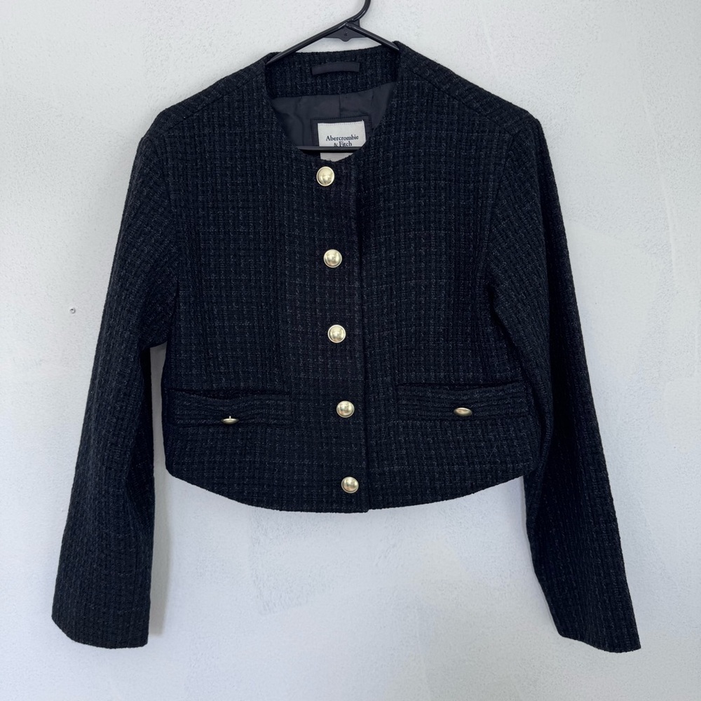 Abercrombie & Fitch Collarless Tweed Cropped Jacket Black Blue size XS NWT NEW